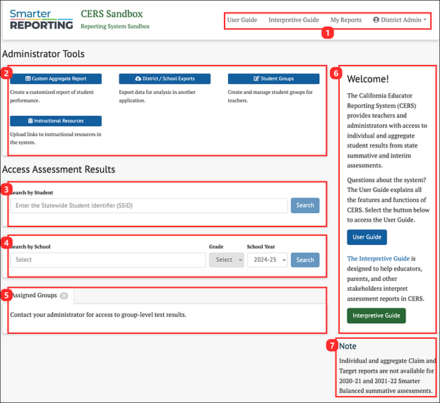 CERS Sandbox home page for users with an administrator role.