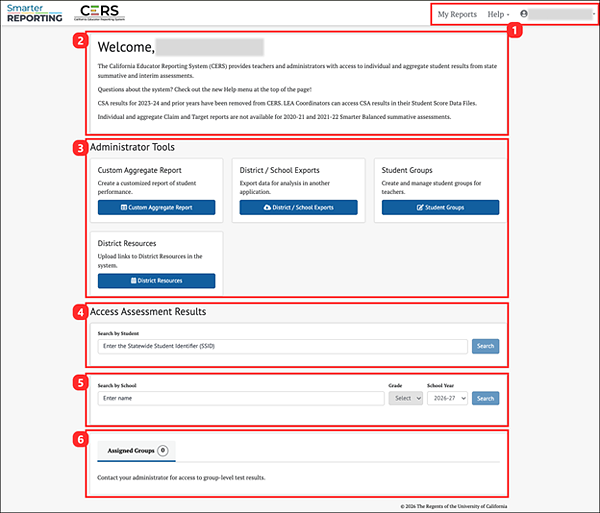 CERS Sandbox home page for users with an administrator role.
