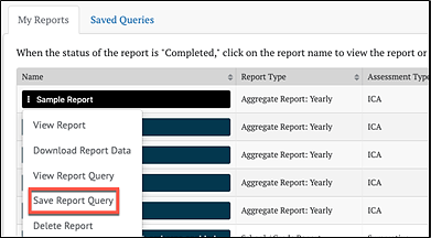 Save Report Query dropdown