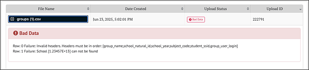 Graphical user interface “Invalid Headers” error message.