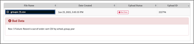 Graphical user interface “Record Out of Order” error message.