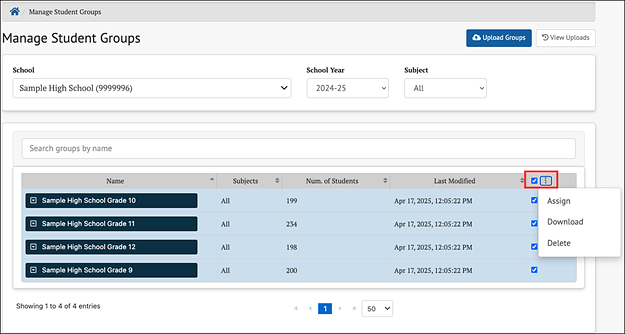 manage student groups bulk actions menu.