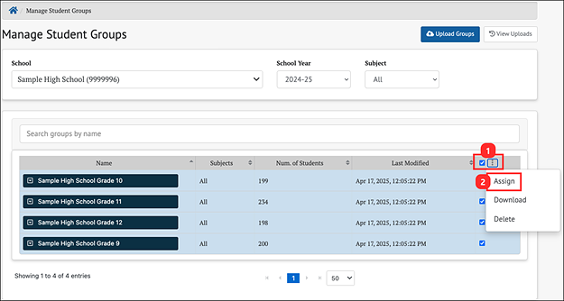 manage student groups bulk actions menu - the assign button is highlighted.