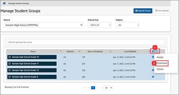 manage student groups bulk actions menu - the download button is highlighted.