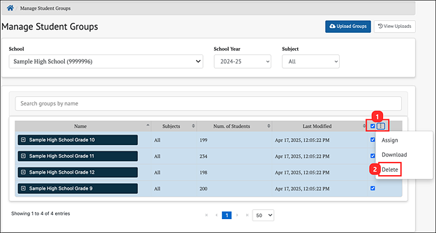 manage student groups bulk actions menu - the delete button is highlighted.