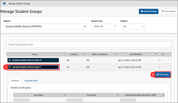 manage student groups page.