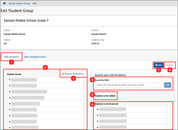 manage student groups page - edit students tab.