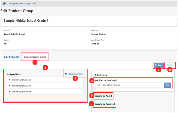manage student groups page - edit assigned users tab.
