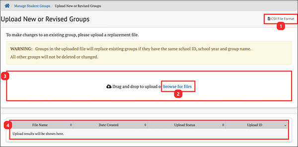page to upload student groups without files.