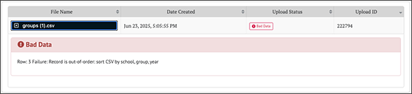Graphical user interface “Record Out of Order” error message.