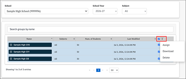 manage student groups bulk actions menu.