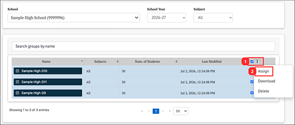 manage student groups bulk actions menu - the assign button is highlighted.