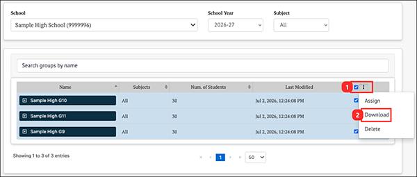 manage student groups bulk actions menu - the download button is highlighted.
