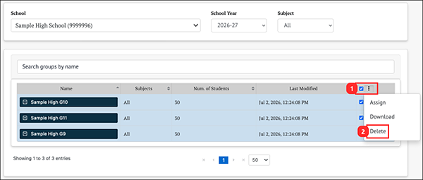 manage student groups bulk actions menu - the delete button is highlighted.