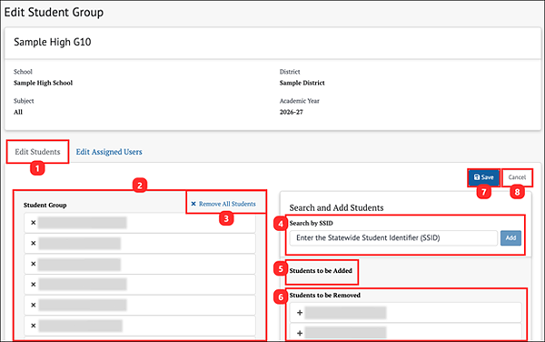 manage student groups page - edit students tab.