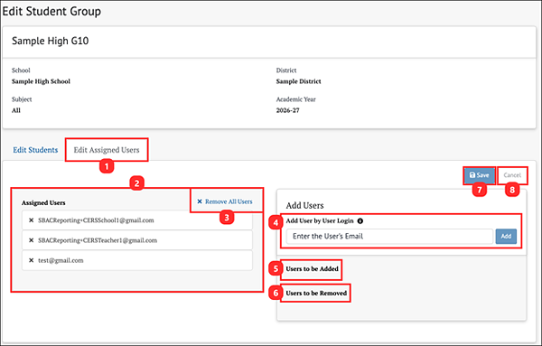 manage student groups page - edit assigned users tab.