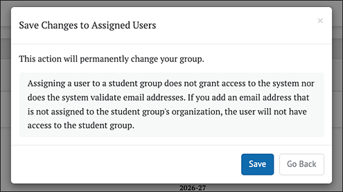 save button pop-up message when editing assigned users in student groups.