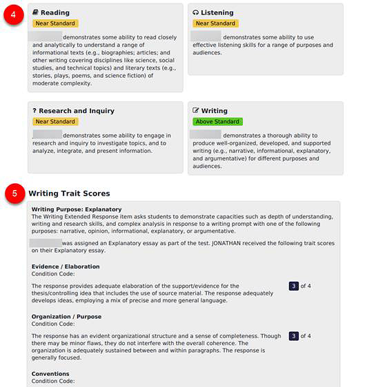 Sample ICA Individual Student Report for a grade five student who took Smarter Balanced for ELA, continued from the previous figure, with callouts described in the numbered list that follows.