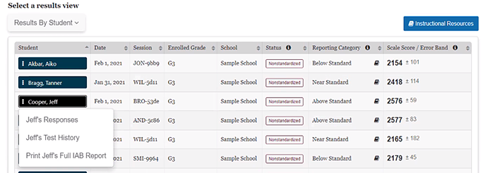 For a each student in the Results by Student view of IAB table, listed is the student's name, date of the assessment, session number, enrolled grade, school name, status, reporting category, scale score and error band. The upper right corner has a blue tab for access to Instructional Resources. 