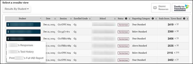 Results by Student view of IAB table, which lists the student's name, date of the assessment, session number, enrolled grade, school name, status, reporting category, scale score and error band.