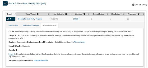 For Grade 3 ELA - Read Literary Texts (IAB), the Item Information tab describes the Claim, Target, Domain, and Standard that the item assesses.