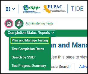 Completion Status Reports drop-down list with the Plan and Manage Testing option indicated.