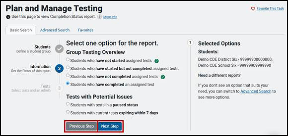 Plan and Manage Testing screen showing Information options described in the previous numbered list with the Previous Step and Next Step buttons indicated.