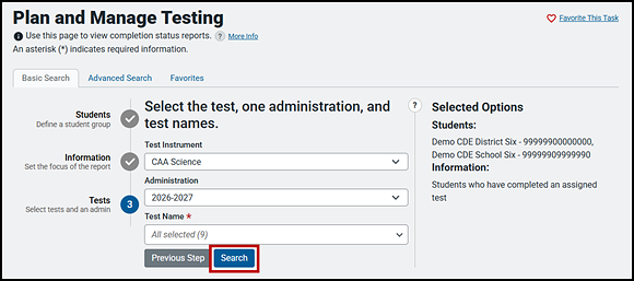 Plan and Manage Testing screen showing Test options with the Search button indicated.