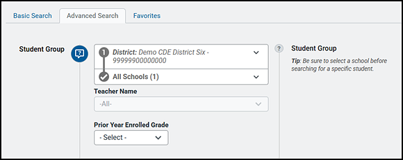 Student Group section with selection lists for the district, school, group, and prior-year enrolled grade.