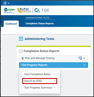 Test Progress Reports drop-down list with the Search by SSID option indicated.