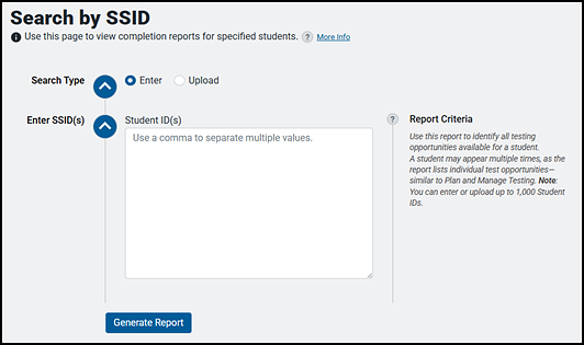Enter SSID(s) options on the Search by SSID screen.
