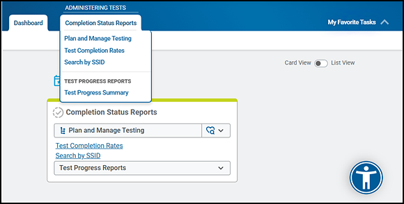Home Page Dashboard screen showing the list under the Completion Status Reports tab and the Test Completion Rates link on the web page.