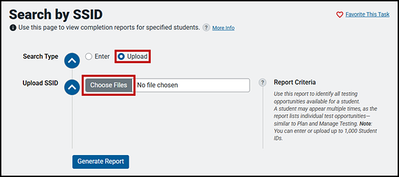 Upload SSIDs options on the Search by SSID screen with the Upload radio button and the Choose Files button indicated.