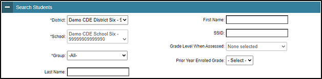 Search Students options on the Plan and Manage Testing screen.