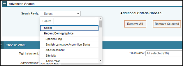 Advanced Search options in the Search Students section, including a list of student demographic characteristics that can be selected as criteria, of the Plan and Manage Testing screen.