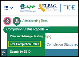 Completion Status Reports drop-down list with the Test Completion Rates option indicated.