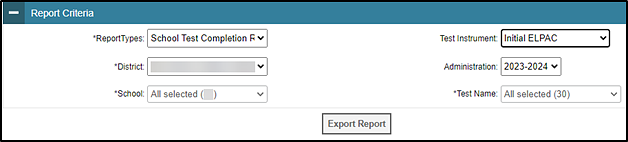 Report Criteria options on the Test Completion Rates screen.