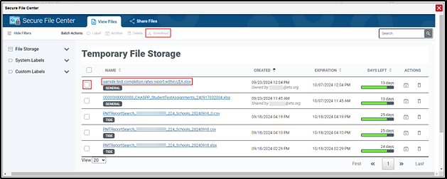 List of files in the Secure file center with a filename, Download button, and empty checkbox indicated.