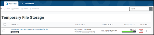 Temporary File Storage with the Archive button indicated in the ACTIONS column.