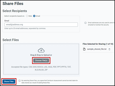 Share Files tab for an email recipient with the Choose File(s) and Share Files buttons indicated.
