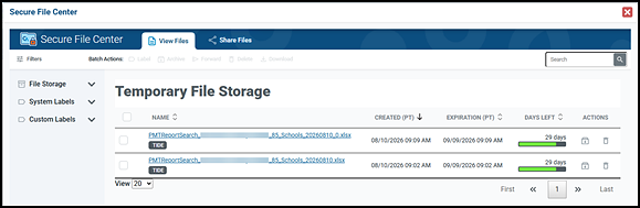 Temporary File Storage list in the Secure File Center.