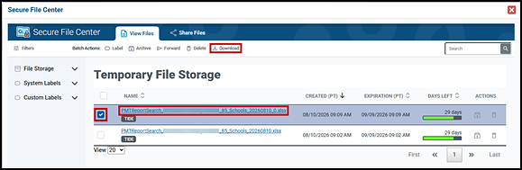 List of files in the Secure file center with a filename, Download button, and checkbox indicated.