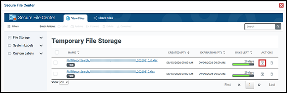 Temporary File Storage with the Archive button indicated in the ACTIONS column.