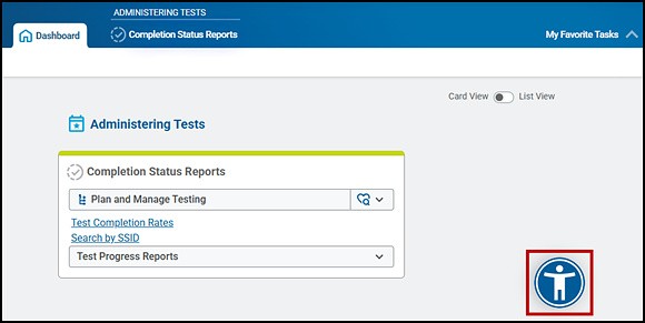 Administering Tests screen with the universal access icon indicated.