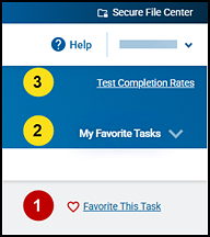 Top-right corner of the screen with the Favorite This Task link, My Favorite Tasks link, and Plan and Manage Testing links called out.