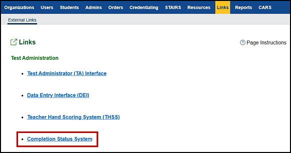 Links screen in TOMS with the Completion Status link indicated.