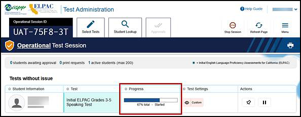 Test Administrator Interface layout with students in session with the Progress column indicated.
