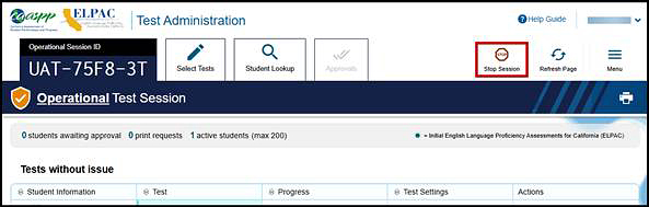 Test Administrator Interface screen with the Stop Session button indicated.