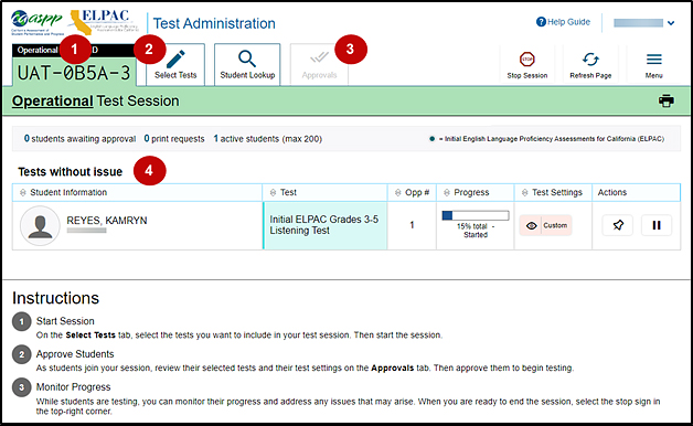 Test Administrator Interface layout with callouts indicating the Session ID, Select Tests tab, Approvals tab, and the Tests without Issue table.