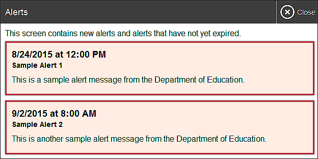 Record of sample alerts from the California Department of Education.